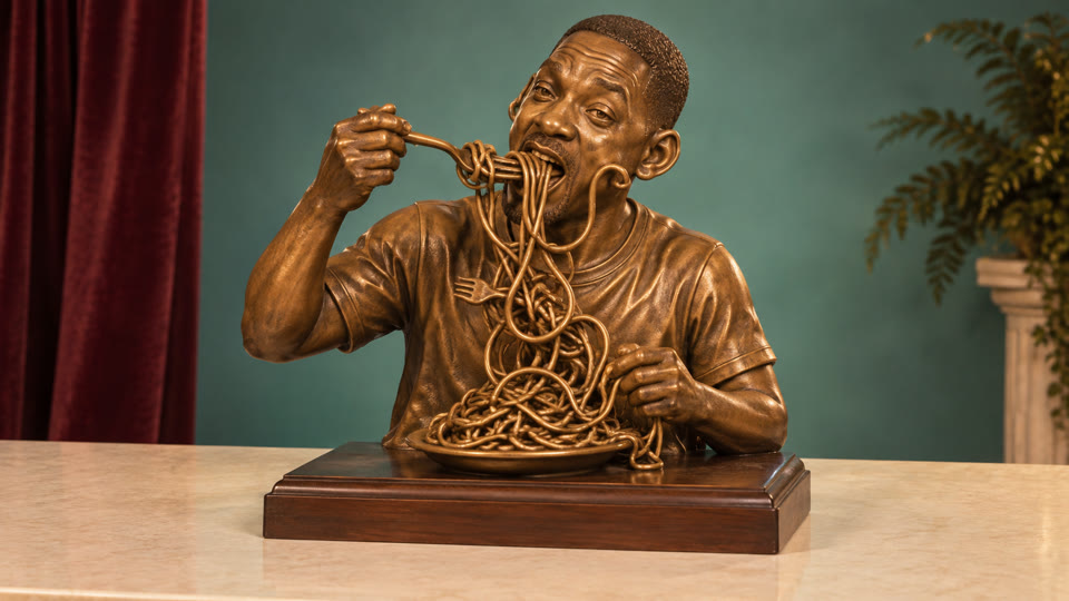 A bronze collectible statue of Will Smith eating a mouthful of spaghetti