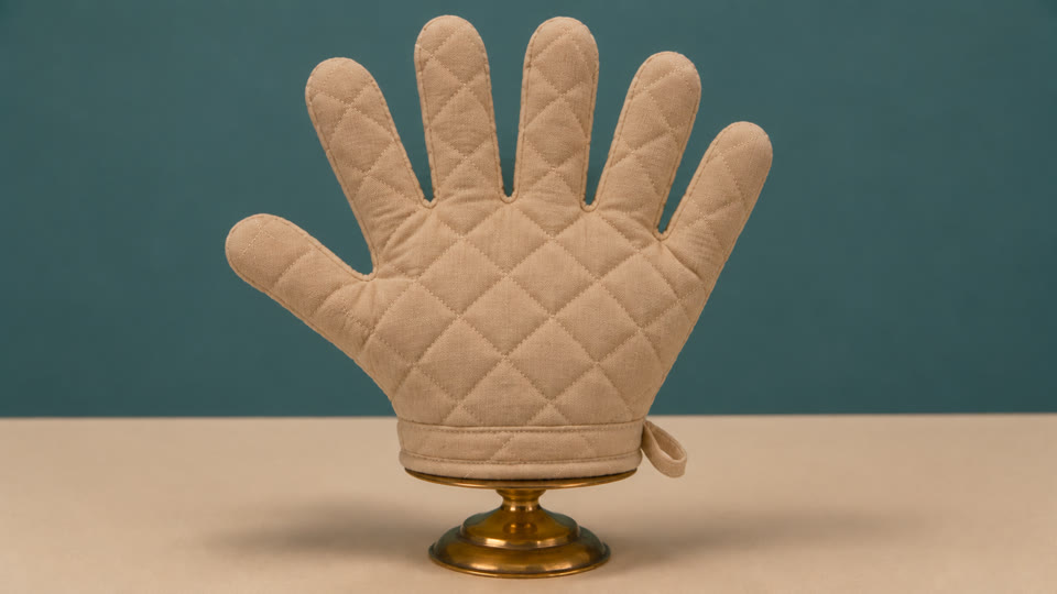 A quilted oven glove with six fingers on a vintage shopping-channel display